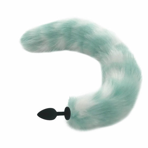 50cm Teal and White Fox Tail Black Silicone Plugs